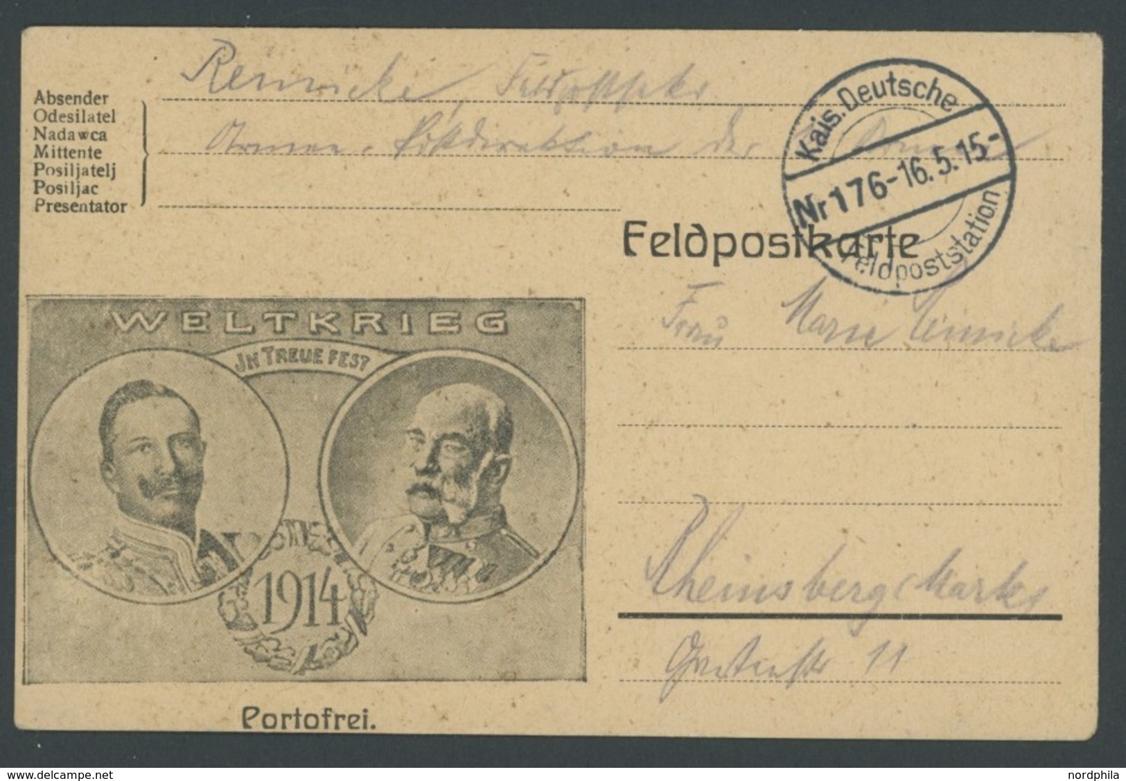 FELDPOST I.WK 1916, Feldpostkarte Portofrei - Wilhelm II Und Franz Josef, Vorderseitig, Feldpoststation Nr. 176, Pracht - Usados