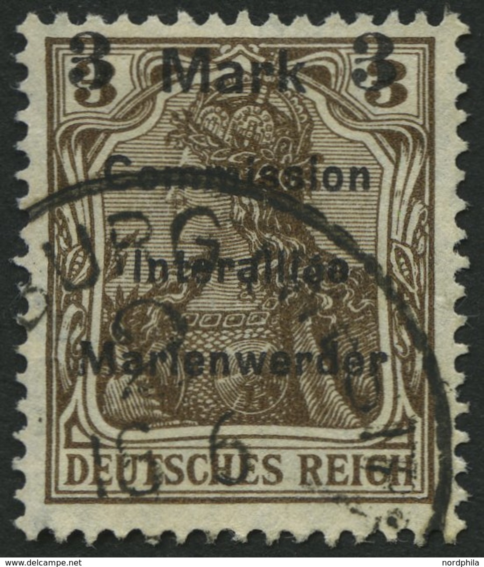 MARIENWERDER 24BIIa O, 1920, 3 M. Auf 3 Pf. Braun, Type BIIa, Pracht, Gepr. Dr. Klein, Mi. 90.- - Other & Unclassified