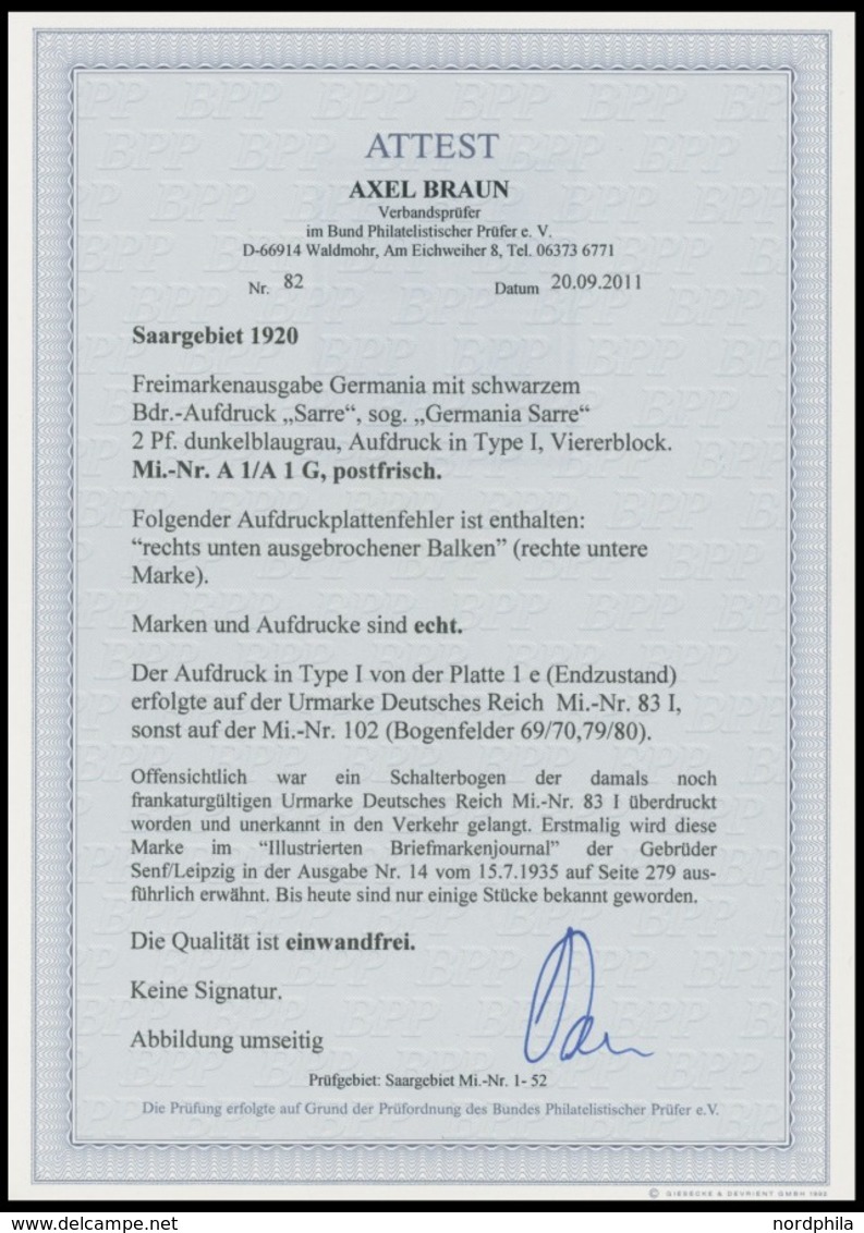 SAARGEBIET A1 VB **, 1920, 2 Pf. Dunkelblaugrau (schraffierter Hintergrund), Aufdruck Irrtümlich Auf Dt. Reich Mi.Nr. 83 - Otros & Sin Clasificación