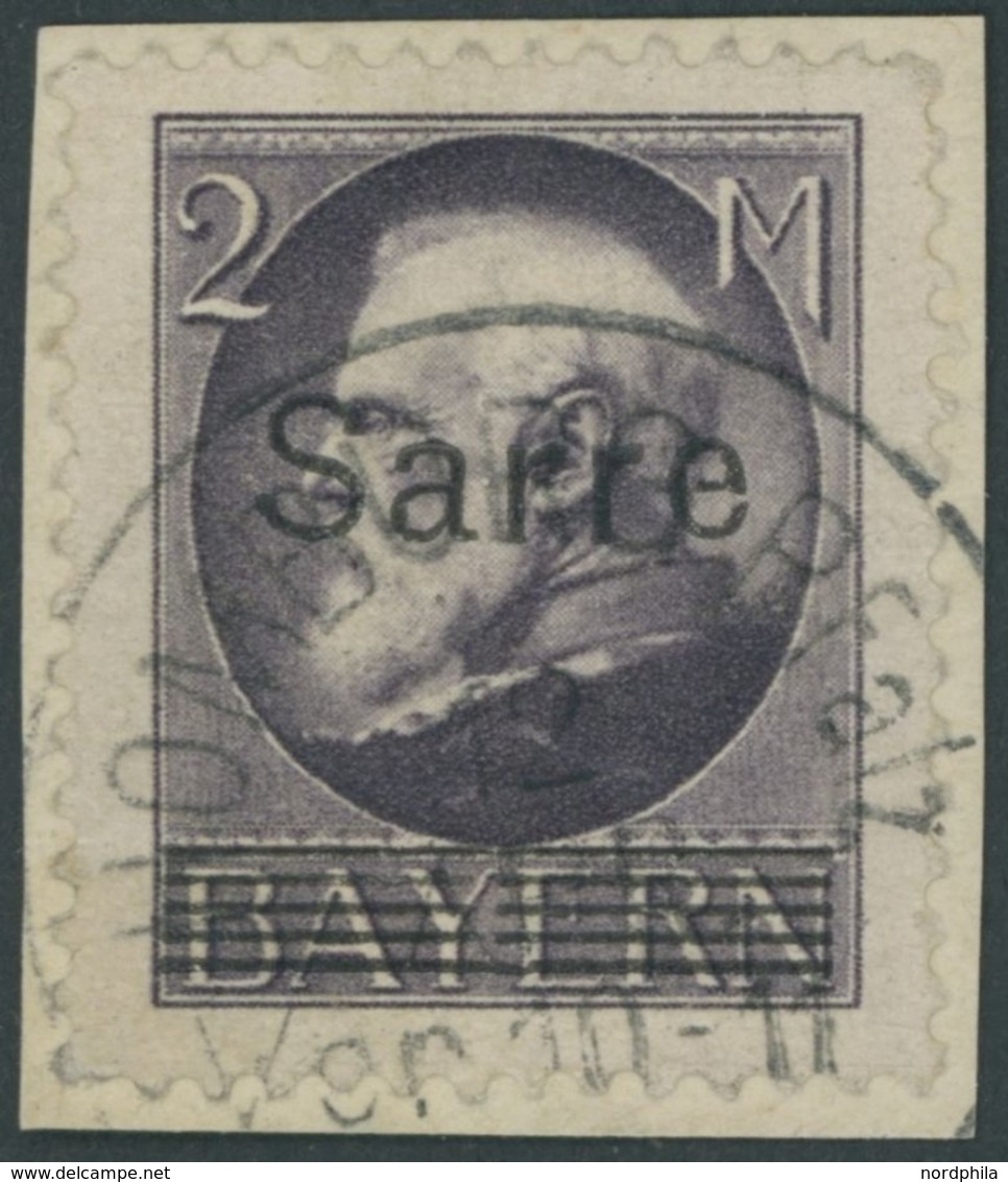 SAARGEBIET 28b BrfStk, 1920, 2 M. Schwarzgrauviolett Bayern-Sarre, Prachtbriefstück, Gepr. Burger, Mi. 170.- - Otros & Sin Clasificación