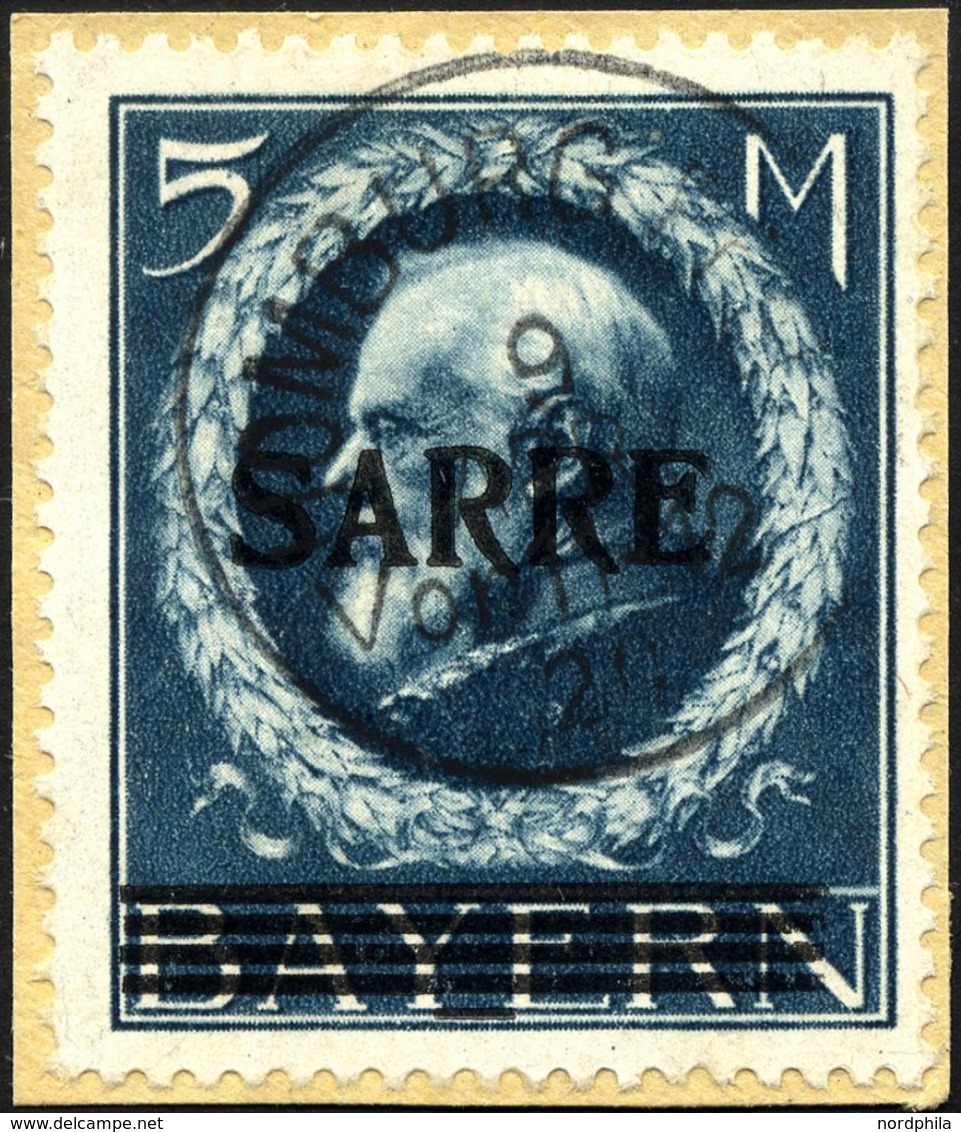 SAARGEBIET 30III BrfStk, 1920, 5 M. Bayern-Sarre Mit Abart Fetter Kontrollstrich, Prachtbriefstück, Fotoattest Burger, M - Sonstige & Ohne Zuordnung