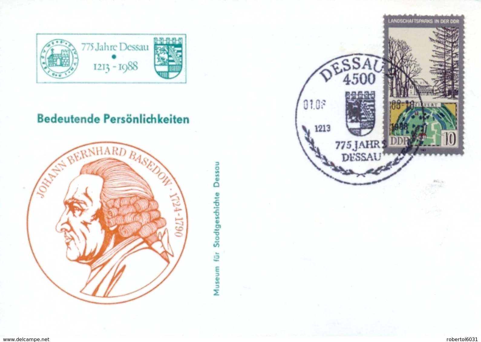 Germany DDR 1988 Postcard + Special Cancel Dessau 775th Anniversary Important Personalities J. B. Basedow - Altri & Non Classificati