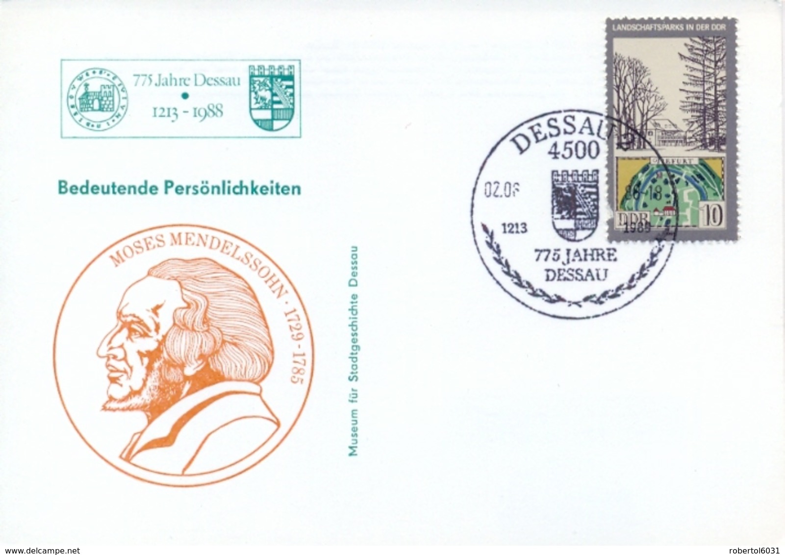 Germany DDR 1988 Postcard + Special Cancel Dessau 775th Anniversary Important Personalities Moses Mendelssohn - Altri & Non Classificati