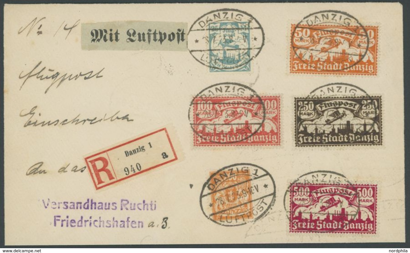 FREIE STADT DANZIG 133-37 BRIEF, 1923, Flugpost, Wz. 3, Mit 200 M. Zusatzfrankatur Auf Luftpost-Einschreibbrief Nach Fri - Autres & Non Classés