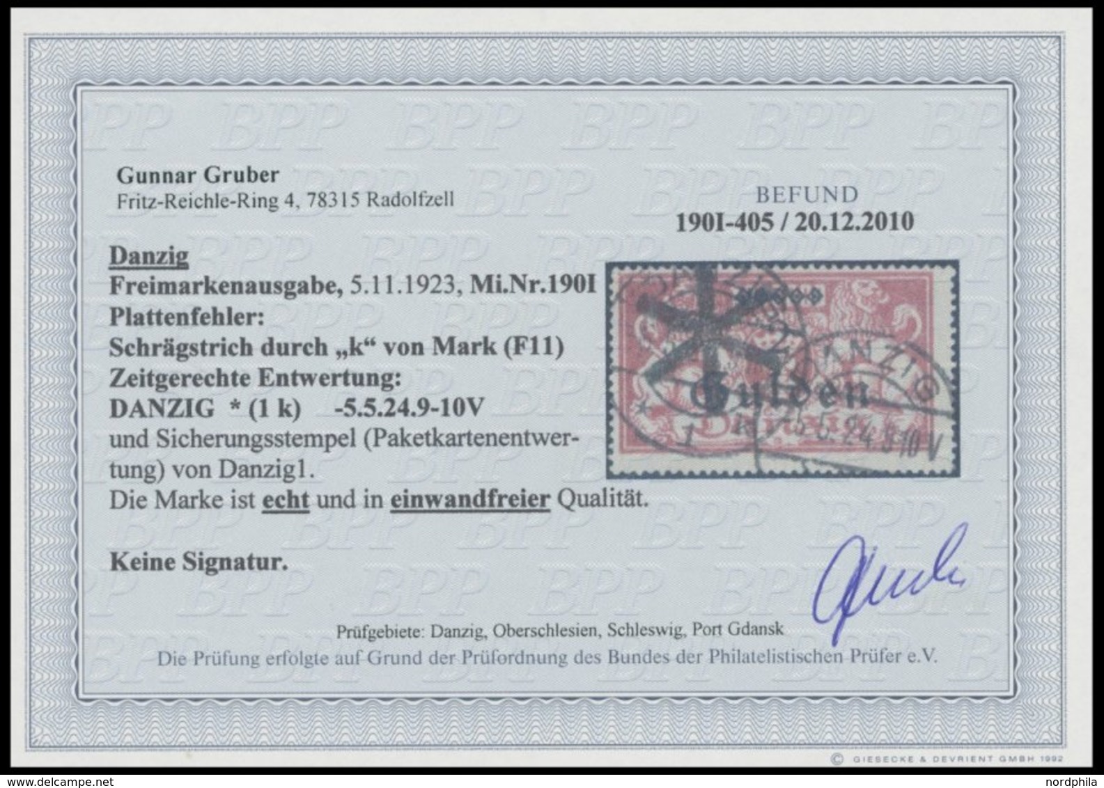 FREIE STADT DANZIG 190I O, 1923, 2 G. Auf 1 Mio. M. Lilarot Mit Plattenfehler Schrägstrich Durch K Von Mark, Zeitgerecht - Other & Unclassified