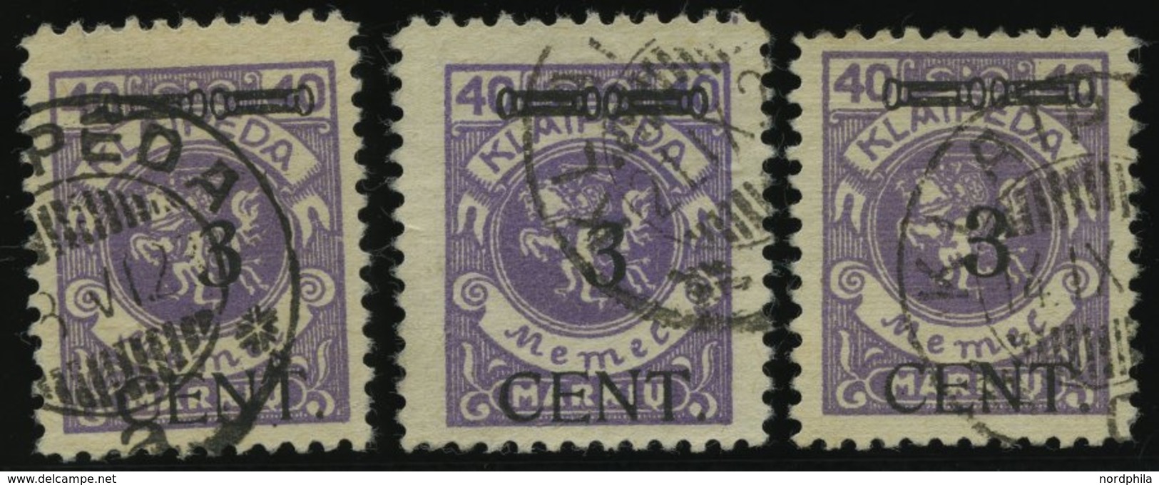 MEMELGEBIET 178I-III O, 1923, 3 C. Auf 40 M. Lebhaftgrauviolett, Type I-III, 3 Prachtwerte, Gepr. Huylmans - Memel (Klaipeda) 1923