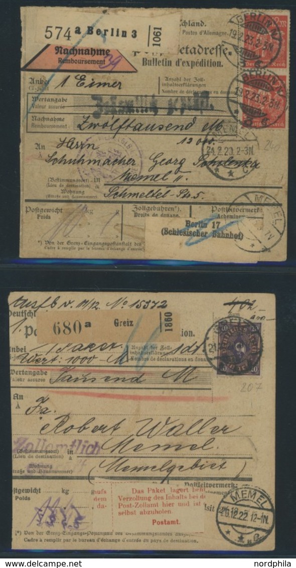 MEMELGEBIET 1920/1, Interessante Sammlung Von 20 Paketkarten Ins Memelgebiet Mit Verschiedenen Inflations-Frankaturen Vo - Klaipeda 1923