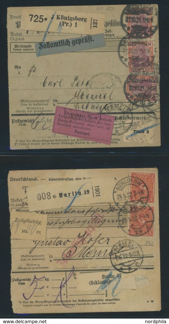MEMELGEBIET 1920/1, interessante Sammlung von 20 Paketkarten ins Memelgebiet mit verschiedenen Inflations-Frankaturen vo