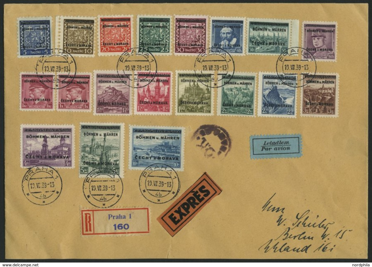 BÖHMEN UND MÄHREN 1-19 BRIEF, 1939, Kopfbilder Und Landschaften Auf überfrankiertem Echt Gelaufenen Eil-Einschreibbrief  - Unused Stamps