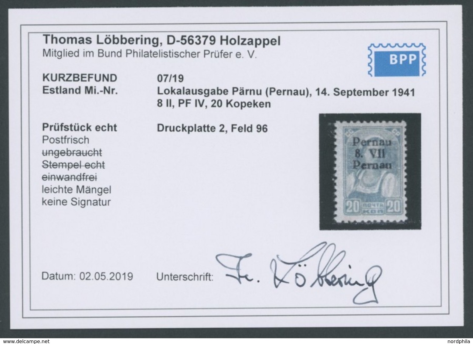 PERNAU 8IV **, 1941, 20 K. Schwarzgelbgrün Mit Aufdruck Pernau/Pernau, Feinst (etwas Fleckig), Kurzbefund Löbbering, Mi. - Occupation 1938-45