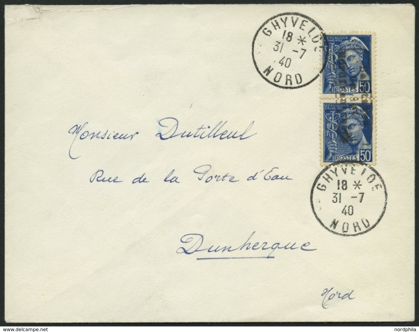 DÜNKIRCHEN 3I BRIEF, 1940 50 C. Blau Im Senkrechten Paar Auf Brief Aus GHYVELDE, Pracht, Gepr. Krischke - Occupation 1938-45