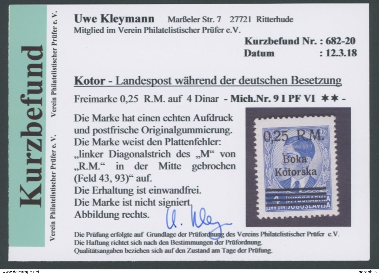 KOTOR 9IPF VI **, 1944, 0.25 M. Auf 4 D. Boka Kotorska, Type I, Mit Aufdruckfehler Linker Diagonalstrich Des M Von R.M.  - Besetzungen 1938-45