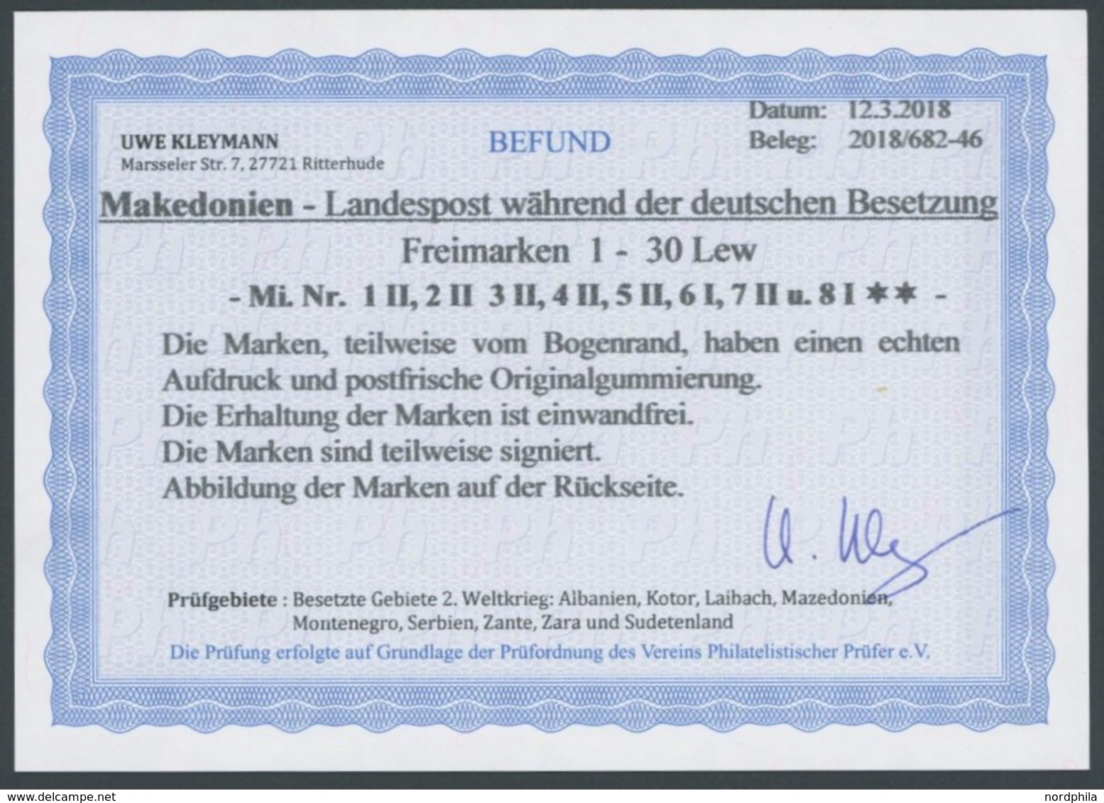 MAKEDONIEN 1-8 **, 1944, Freimarken, Postfrischer Prachtsatz, Fotobefund Kleymann, Mi. 350.- - Besetzungen 1938-45