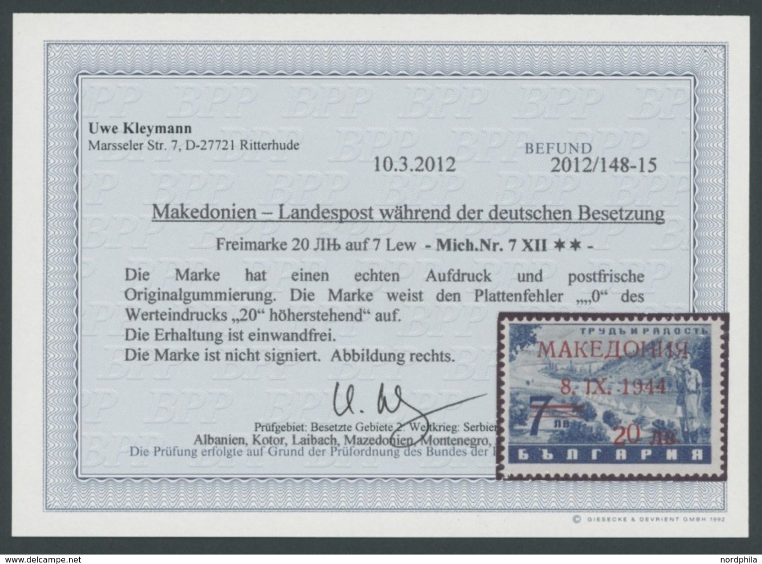 MAKEDONIEN 7XII **, 1944, 20 L. Auf 7 L. Schwärzlichblau Mit Aufdruckfehler 0 Des Wertaufdrucks 20 Höherstehend, Postfri - Occupation 1938-45