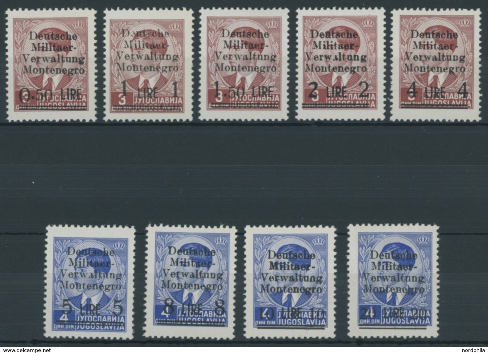 MONTENEGRO 1-9 **, 1943, Freimarken, Postfrischer Prachtsatz, Mi. 600.- - Ocu. Alemana: Montenegro