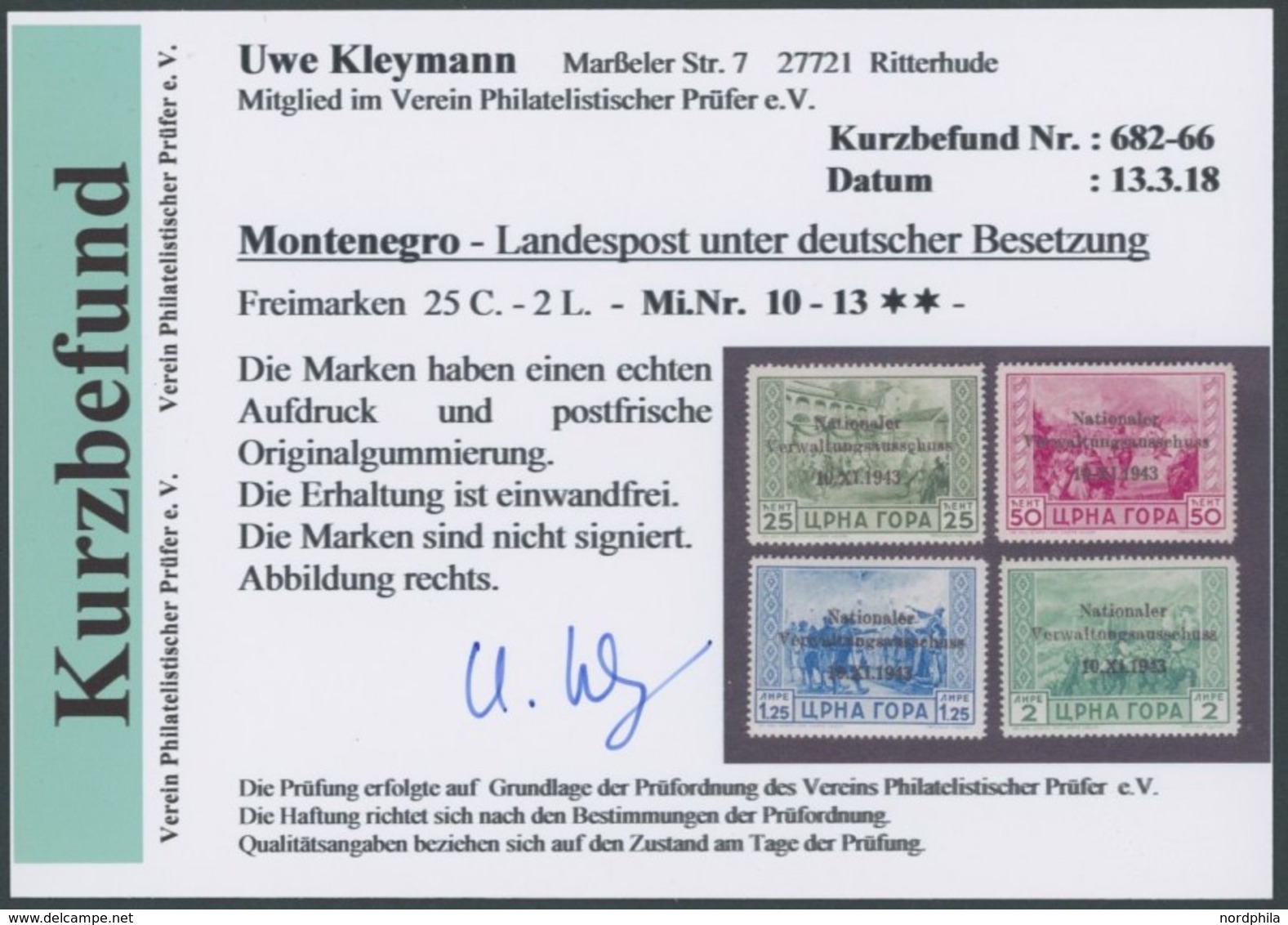 MONTENEGRO 10-13 **, 1943, 25 C. - 2 L. Nationaler Verwaltungsausschuss, 4 Postfrische Prachtwerte, Kurzbefund Kleymann, - Ocu. Alemana: Montenegro