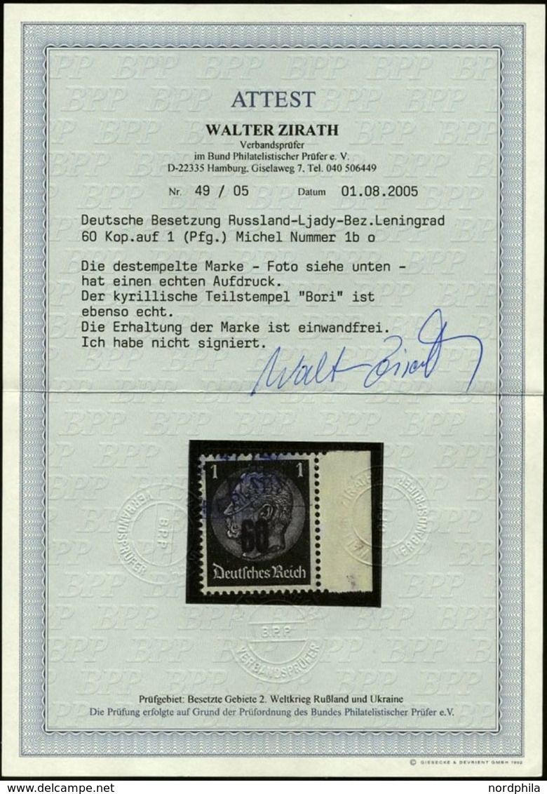 LJADY 1b O, 1941, 60 Kop. Auf 1 Pf. Schwarz, Aufdruck Schwarzviolett, Rechtes Randstück, Pracht, RR!, Fotoattest Zirath, - Ocupación 1938 – 45