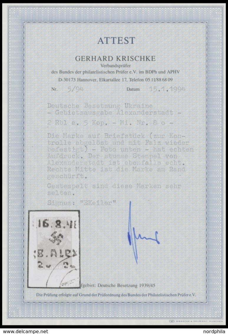 UKRAINE 8 BrfStk, 1942, 2 Rbl. Auf 5 K. Bräunlichrot Auf Briefstück, Marke Zur Kontrolle Gelöst Und Mit Falz Befestigt,  - Ocupación 1938 – 45