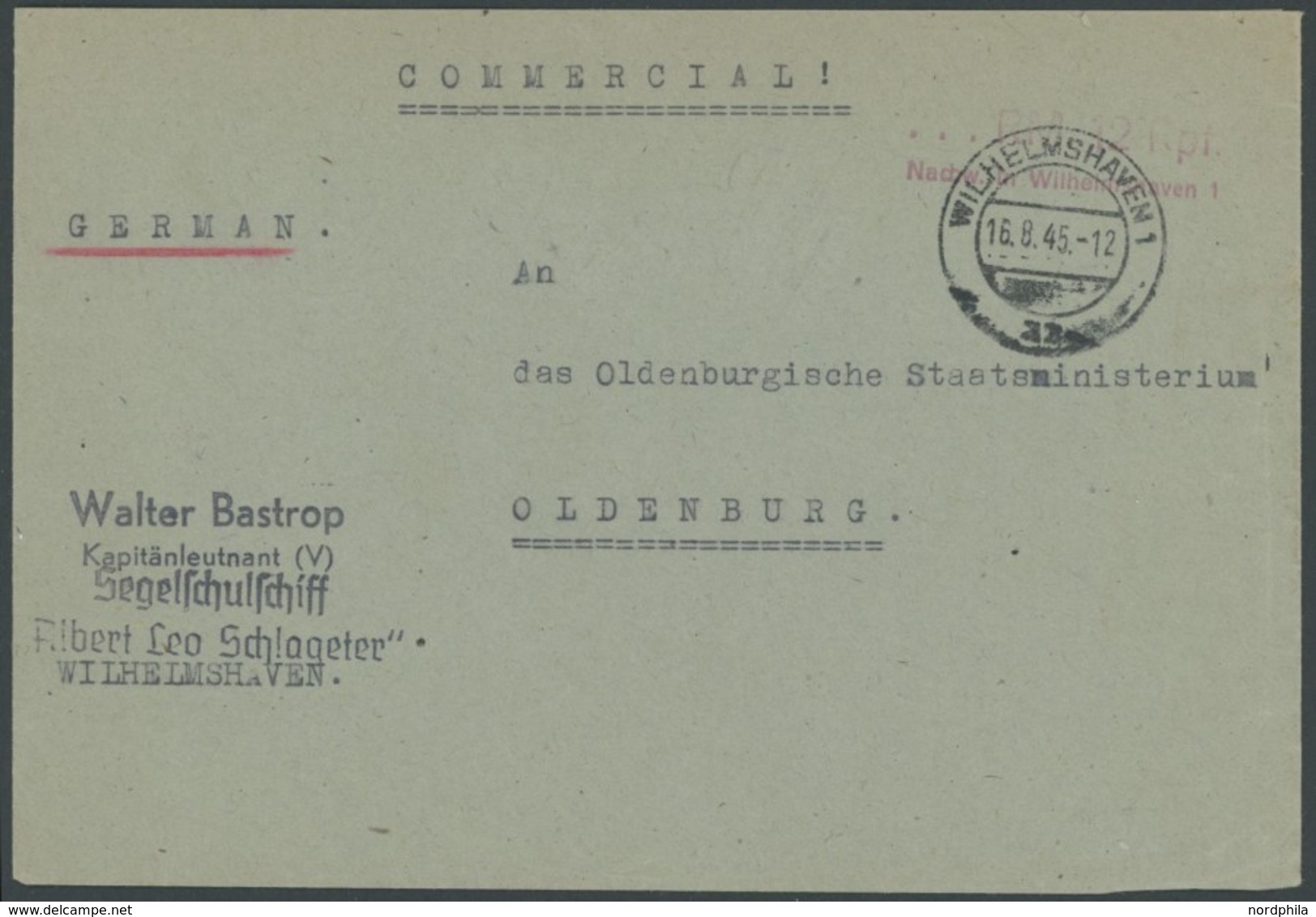 FELDPOST II. WK BELEGE 1945, Brief Vom Segelschulschiff Albert Leo Schlageter Mit 12 Pf. Nachgebühr Von WILHELMSHAVEN Na - Ocupación 1938 – 45