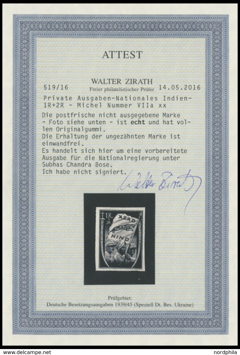 NATIONALES INDIEN VII Ba **, 1943, 1 R. + 2 R. Schwarz Inder Mit Fahne, Ungezähnt, Postfrisch, Pracht, R!, Fotoattest Zi - Ocupación 1938 – 45