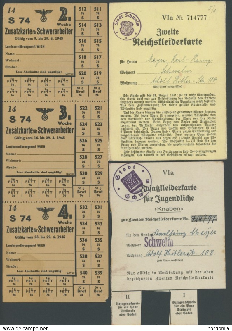 DT. GESCHICHTE/PROPAGANDA 1919-45 Reichskleiderkarte Und Zusatzkleiderkarte Für Knaben Aus SCHWELM Sowie Zusatzlebensmit - Other & Unclassified