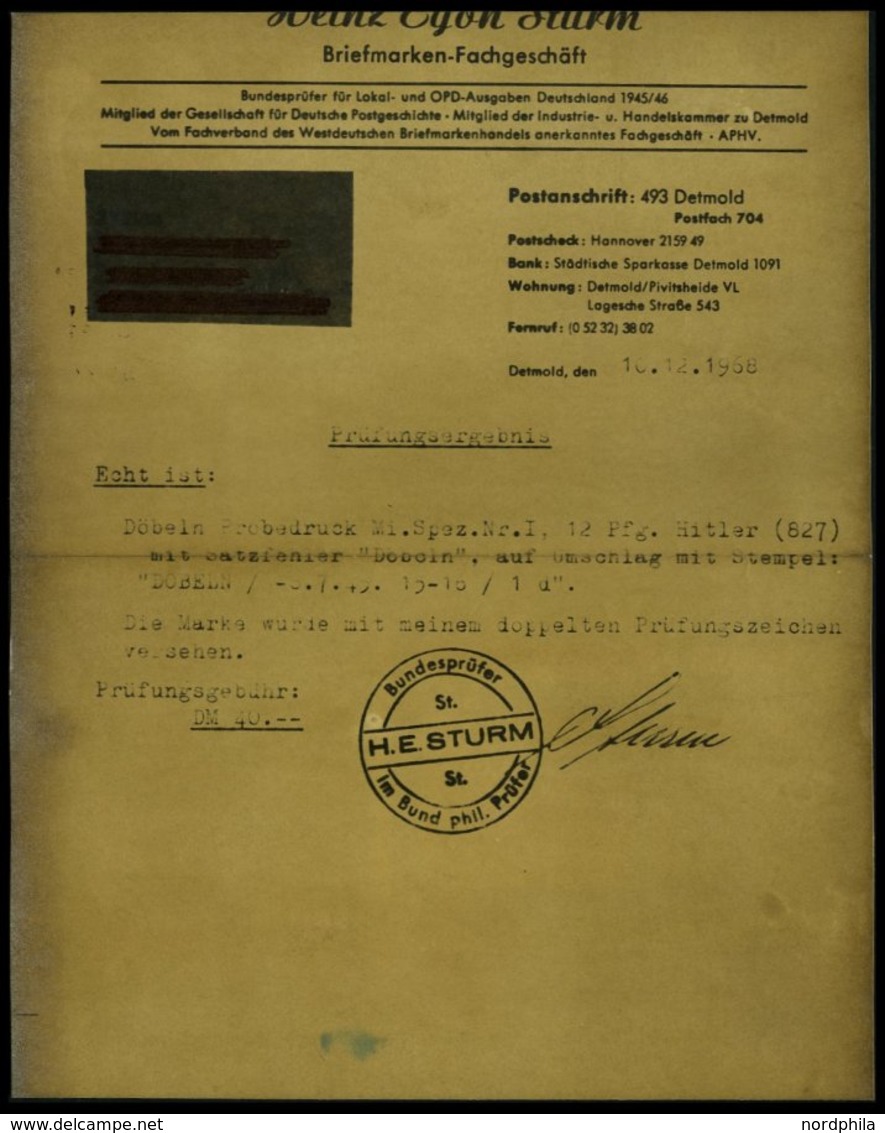 DÖBELN PII/I BRIEF, Probedruck: 1945, 12 Pf. Lebhaftkarminrot Mit Satzfehler Döbcln (c Statt E), Brief Links Nicht Ganz  - Private & Local Mails