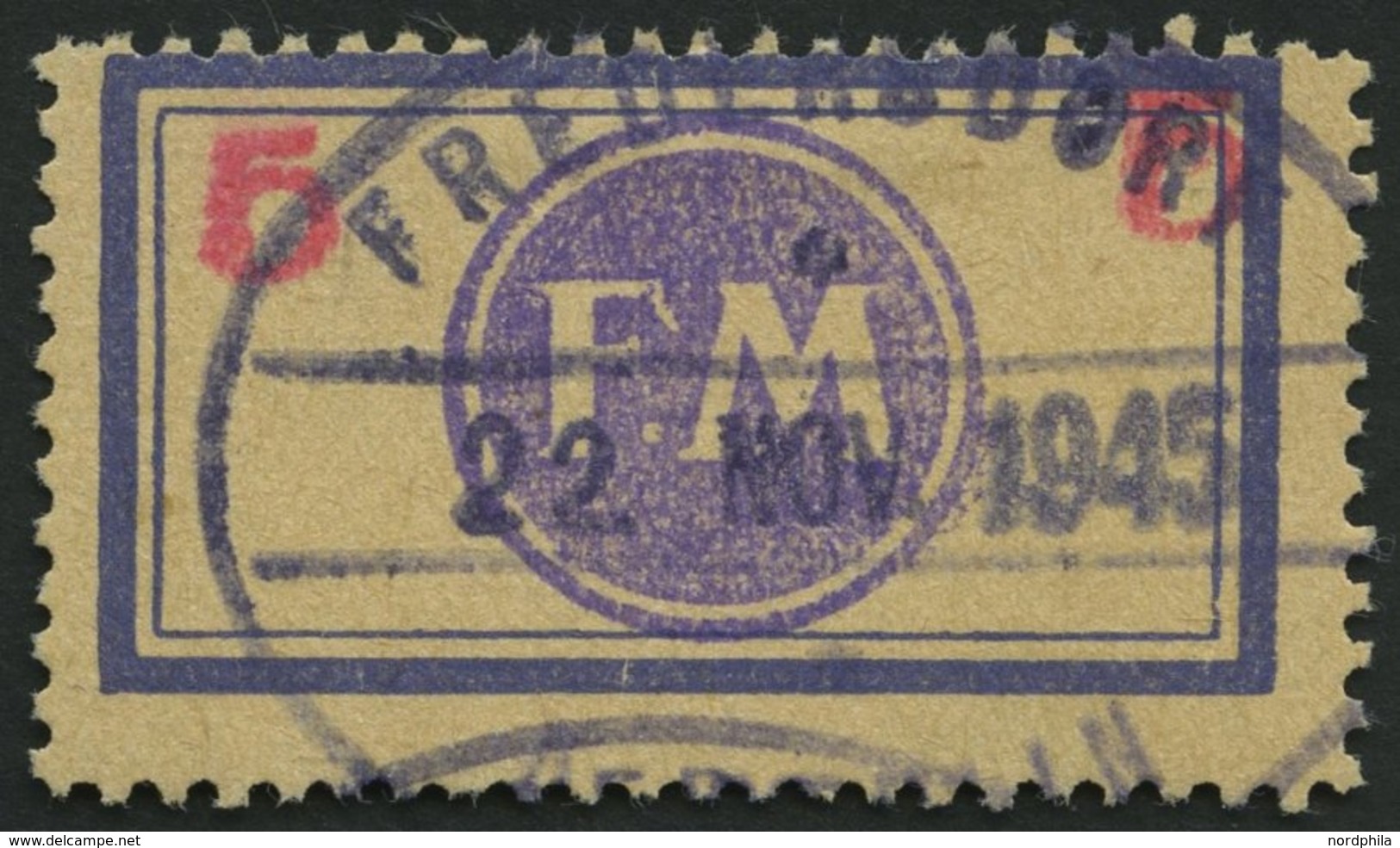 FREDERSDORF Sp 161FII O, 1945, 5 Pf., Rahmengröße 38x21 Mm, Mit Abart Oben Wertziffer Mittelrosa, Aufdruck Bläulichviole - Private & Local Mails