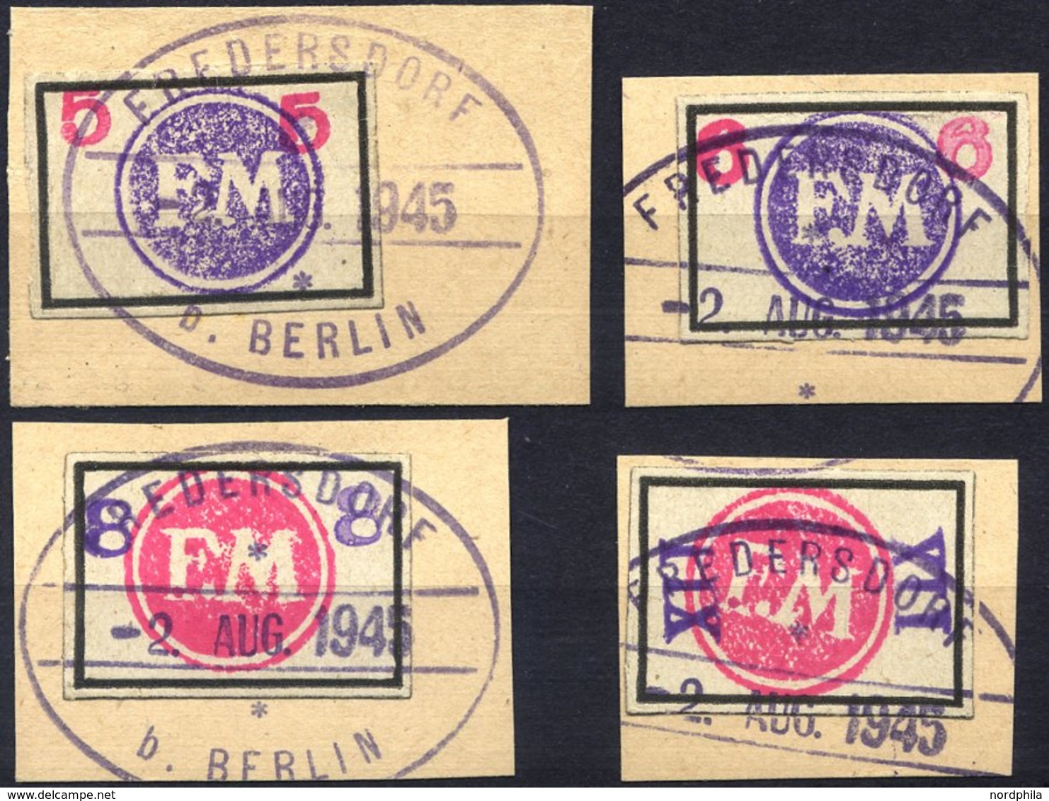 FREDERSDORF Sp 226-29 BrfStk, 1945, 5 - XII Pf., Rahmengröße 28x19 Mm, Große Wertziffern, Mit Stempeln Vom 2. August, 4  - Privatpost