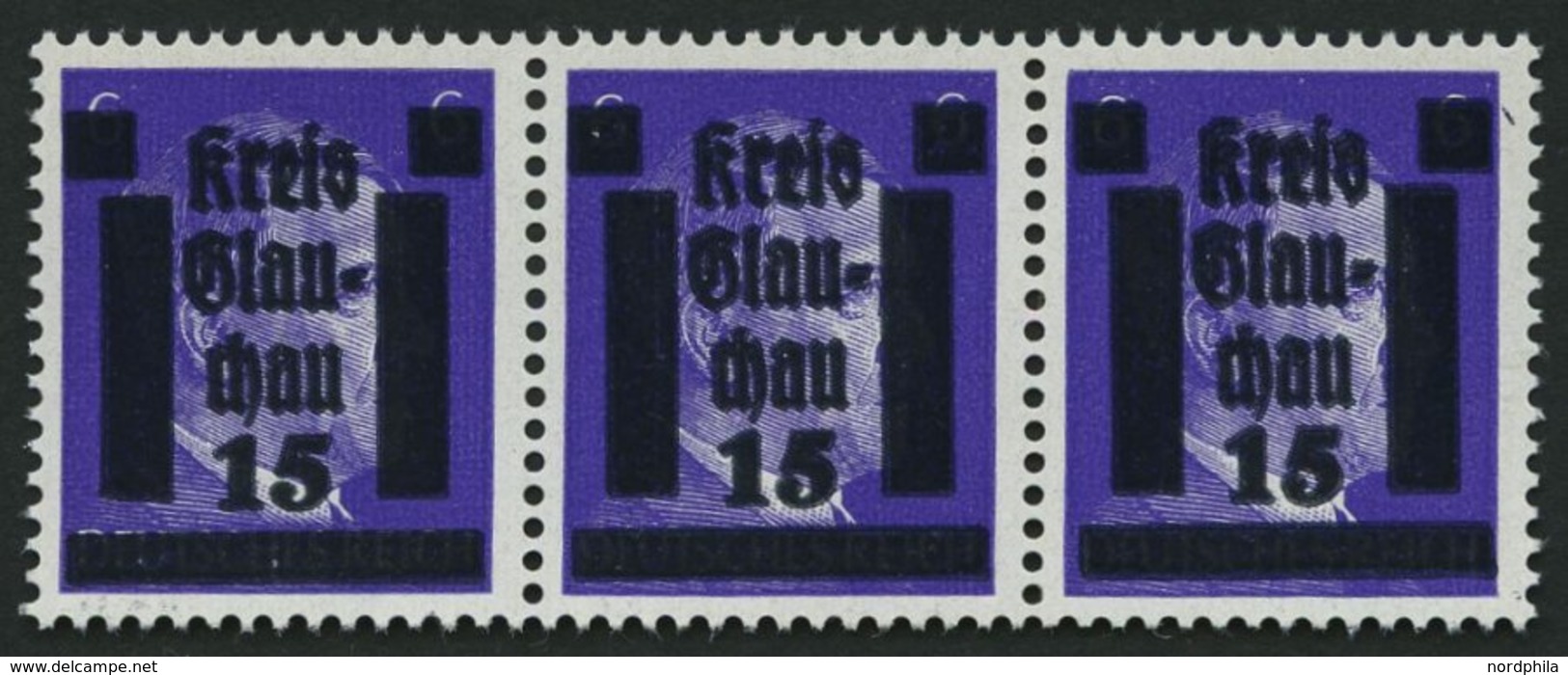 GLAUCHAU 5aDDV **, 1945, 15 Auf 6 Pf. Lebhaftblauviolett Doppelaufdruck Im Waagerechten Dreierstreifen, Ein Wert Mit Aba - Privatpost