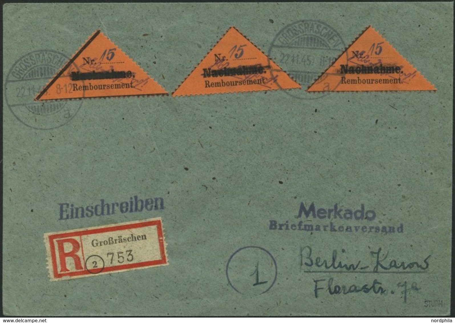 GROSSRÄSCHEN-VORLÄUFER V 2AI BRIEF, 1945, 15 Pf. Schwarz Auf Bräunlichrot, Gezähnt, Nachnahme In Antiqua, 3x Auf Einschr - Correos Privados & Locales