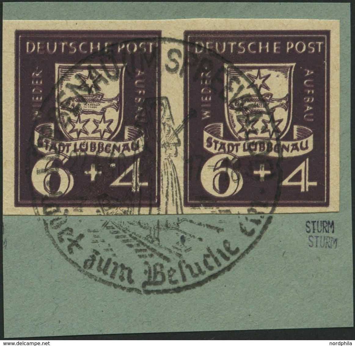 LÜBBENAU 2BDD Paar BrfStk, 1946, 6 Pf. Wiederaufbau, Ungezähnt, Doppeldruck, Im Waagerechten Paar Mit Sonderstempel Auf  - Private & Lokale Post