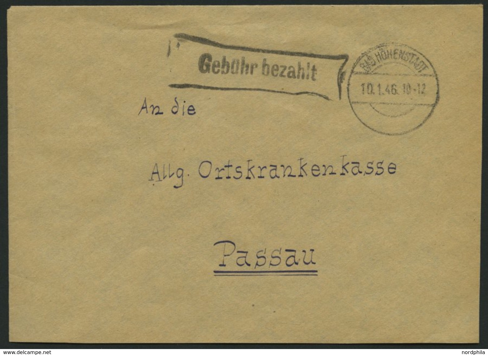 ALL. BES. GEBÜHR BEZAHLT BAD HOHENSTADT, 10.1.46, R1 Gebühr Bezahlt, Prachtbrief - Andere & Zonder Classificatie