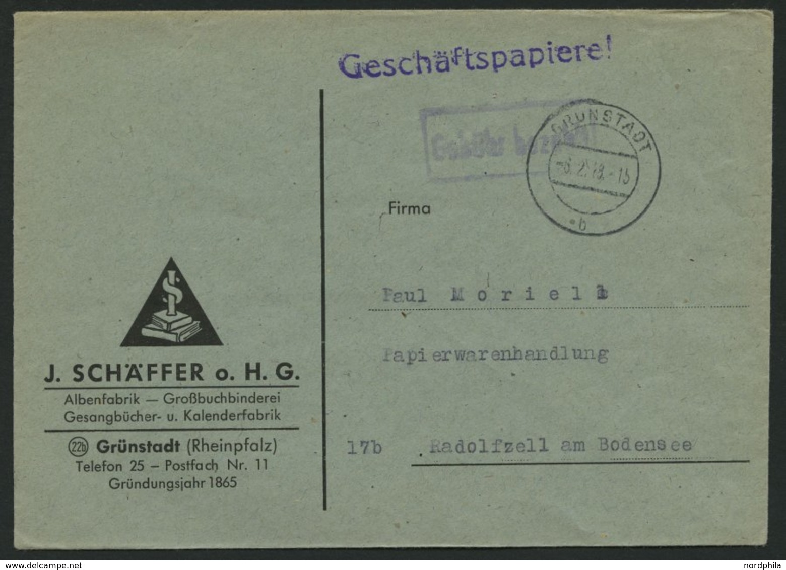 ALL. BES. GEBÜHR BEZAHLT GRÜNSTADT, 6.2.48, R1 Gebühr Bezahlt, Prachtbrief - Andere & Zonder Classificatie