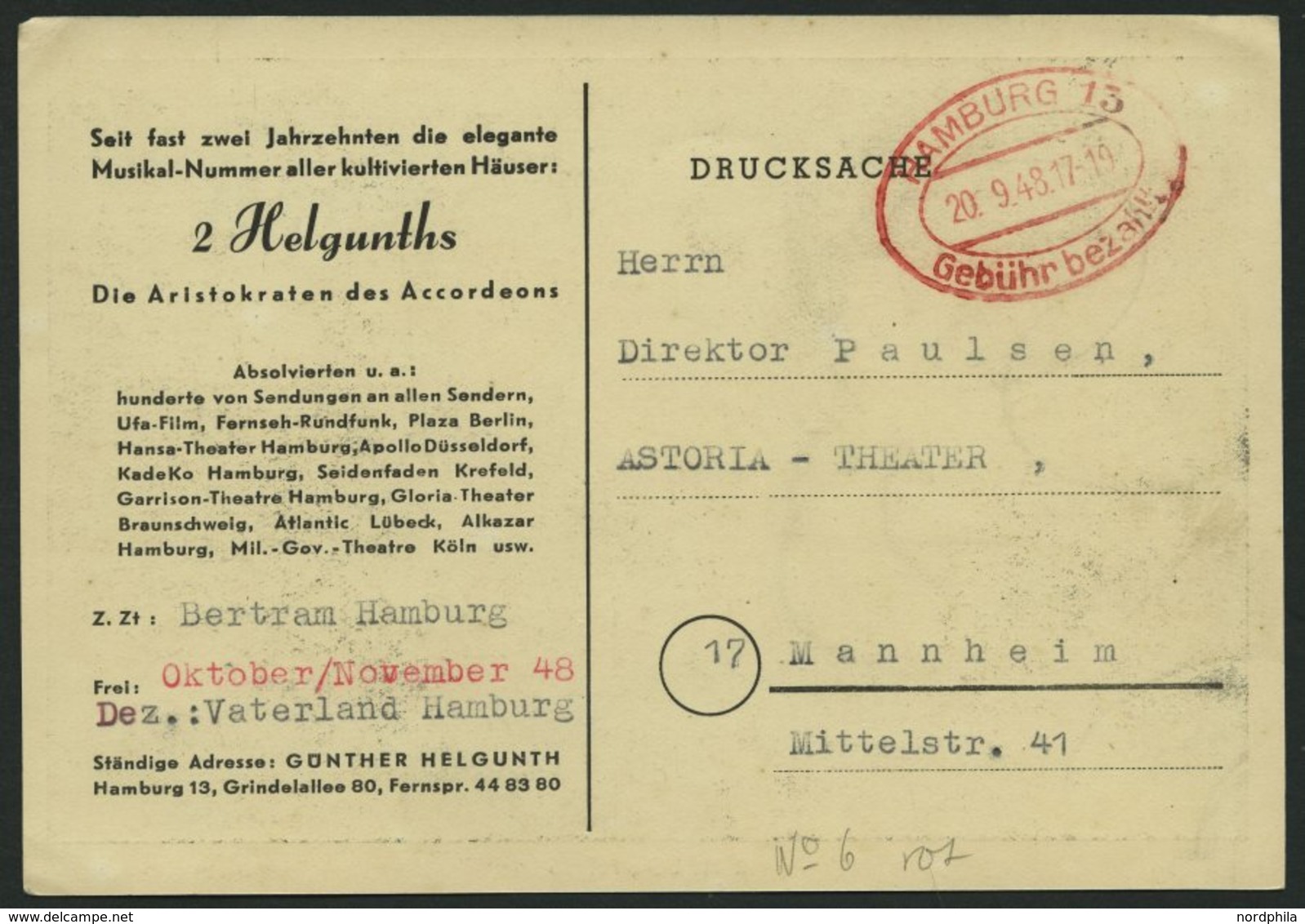 ALL. BES. GEBÜHR BEZAHLT HAMBURG 13 Gebühr Bezahlt, 20.9.48, Roter Ellipsenstempel, Werbe-Drucksachenkarte, Pracht - Sonstige & Ohne Zuordnung