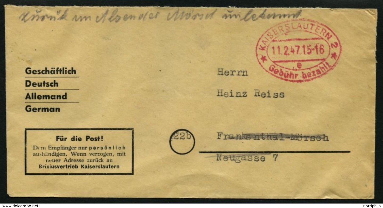 ALL. BES. GEBÜHR BEZAHLT KAISERSLAUTERN Gebühr Bezahlt, 11.2.47, Roter Ellipsenstempel Mit 2 Sternen, Auf Geschäftsbrief - Other & Unclassified