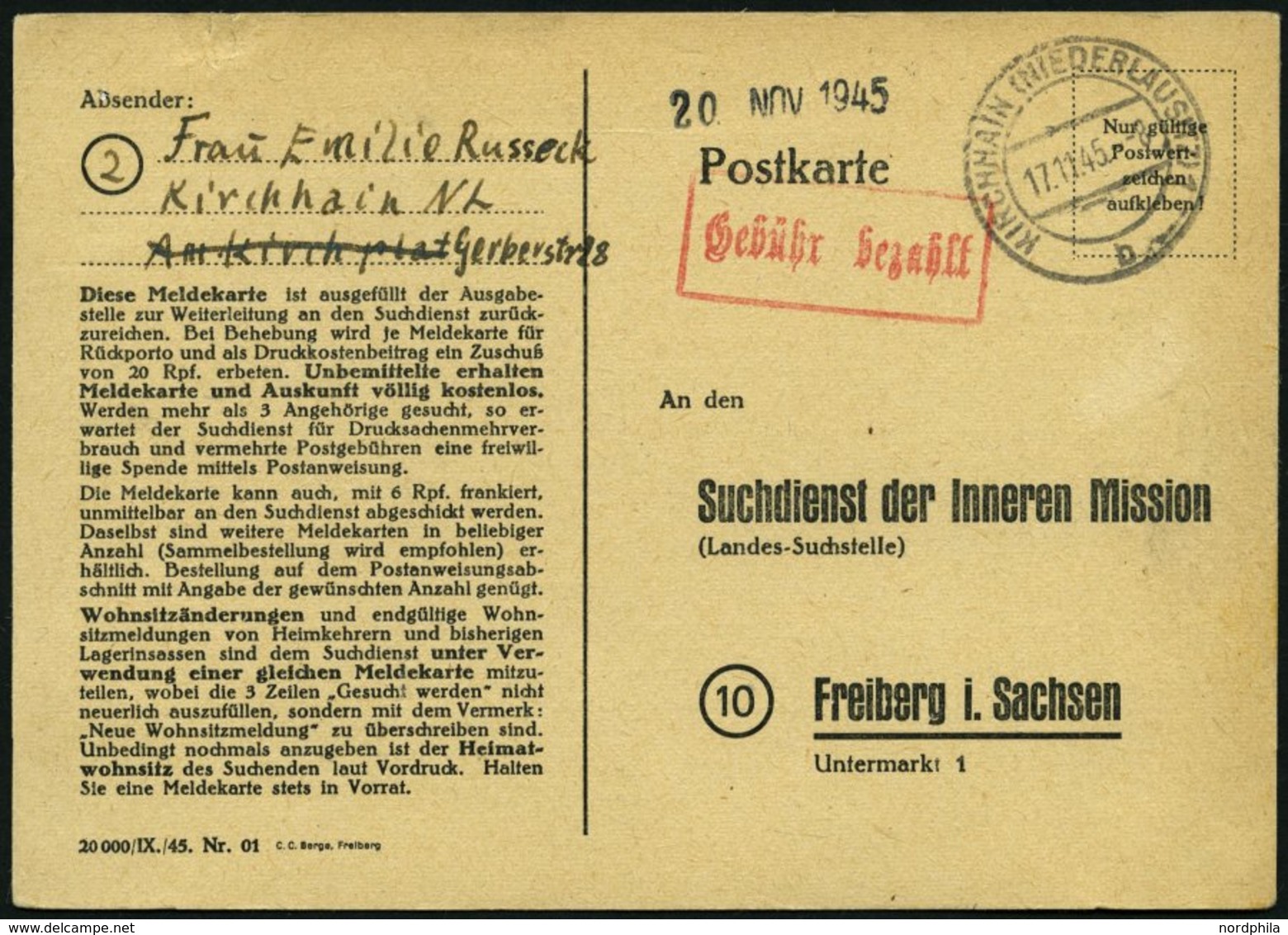 ALL. BES. GEBÜHR BEZAHLT KIRCHHAIN (NIEDERLAUSITZ), 17.11.45, Roter R1 Gebühr Bezahlt, Suchdienstkarte, Feinst - Other & Unclassified