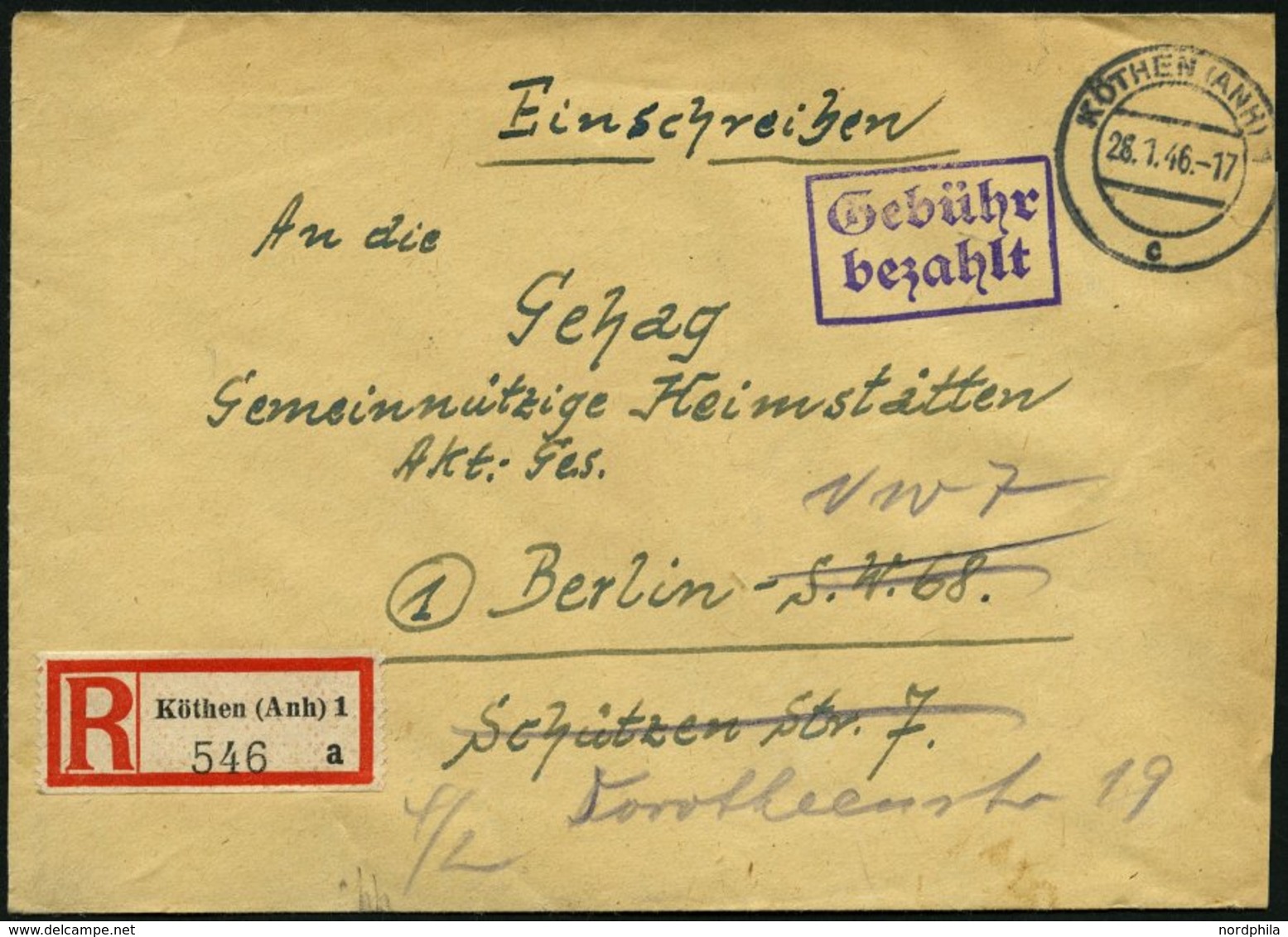 ALL. BES. GEBÜHR BEZAHLT KÖTHEN (ANH), 28.1.46, Violetter R2 Gebühr Bezahlt, Einschreibbrief Feinst - Sonstige & Ohne Zuordnung