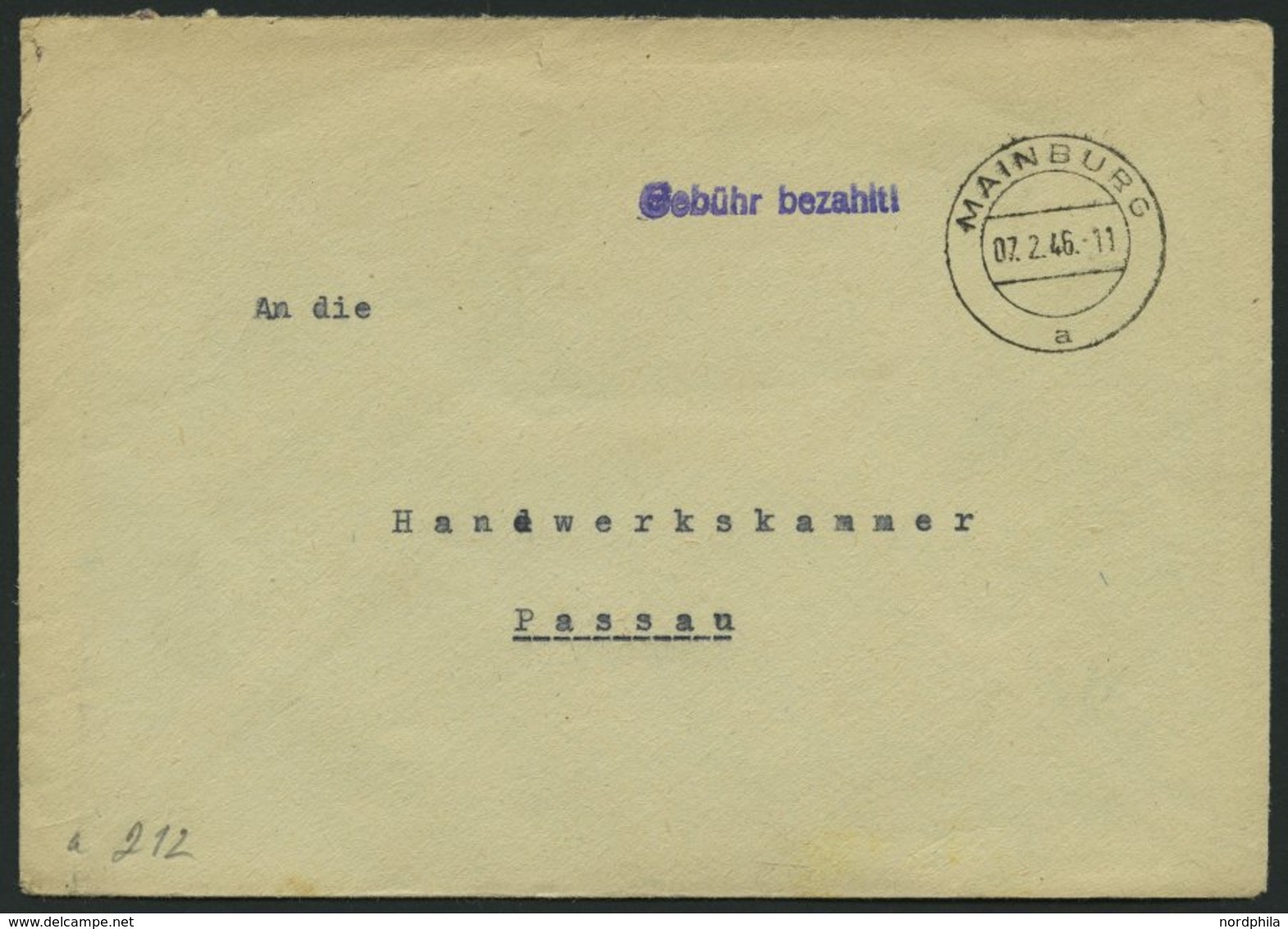 ALL. BES. GEBÜHR BEZAHLT MAINBURG, 07.2.46, Violetter L1 Gebühr Bezahlt, Brief Feinst - Other & Unclassified