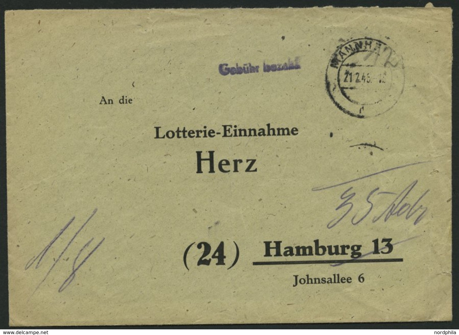 ALL. BES. GEBÜHR BEZAHLT MANNHEIM, 21.2.46, Violetter L1 Gebühr Bezahlt, Mehrere Handschriftliche Postvermerke, Brief Fe - Andere & Zonder Classificatie