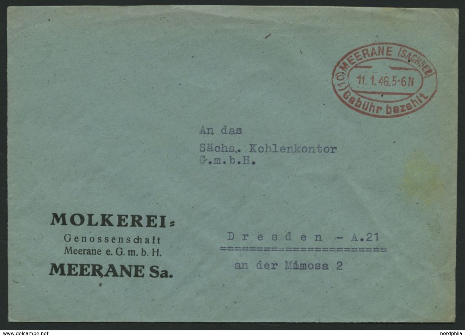 ALL. BES. GEBÜHR BEZAHLT MEERANE (SACHSEN) Gebühr Bezahlt, 11.1.46, Roter Ellipsenstempel Mit Gebrochenem Steg, Prachtbr - Other & Unclassified