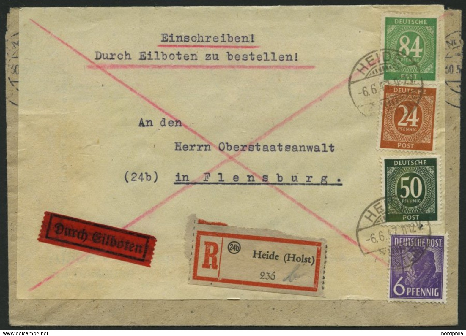 ALLIIERTE BES. 925,32,36,44 BRIEF, 1947, 24,50,84 Und 6 Pf. Auf Doppelt Verwendetem Eil-Einschreibbrief Von HEIDE (HOLST - Otros & Sin Clasificación