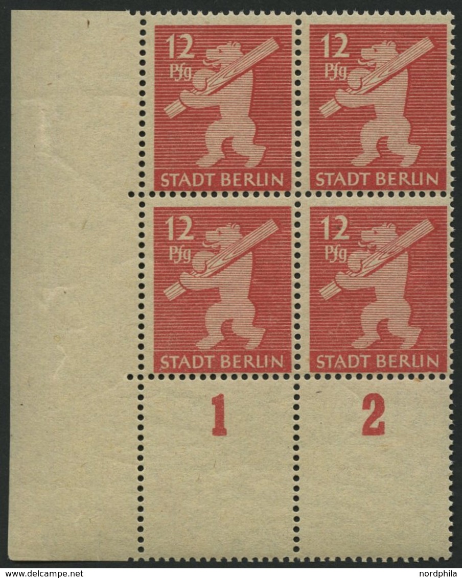 BERLIN UND BRANDENBURG 5AAwaxL **, 1945, 12 Pf. Mittelkarminrot, Graurosa Papier, Glatter Gummi, Im Viererblock Aus Der  - Otros & Sin Clasificación