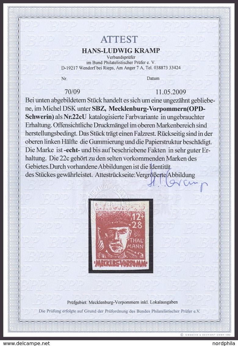 MECKLENBURG-VORPOMMERN 22cU *, 1945, 12 Pf. Dunkelrot Faschismus, Ungezähnt, Falzrest, Rückseitig Helle Stelle Sonst Pra - Other & Unclassified
