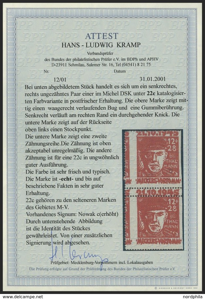 MECKLENBURG-VORPOMMERN 22cUr **, 1945, 12 Pf. Dunkelrot Faschismus, Rechts Ungezähnt, Feinst (leichte Bugspur Und Senkre - Other & Unclassified