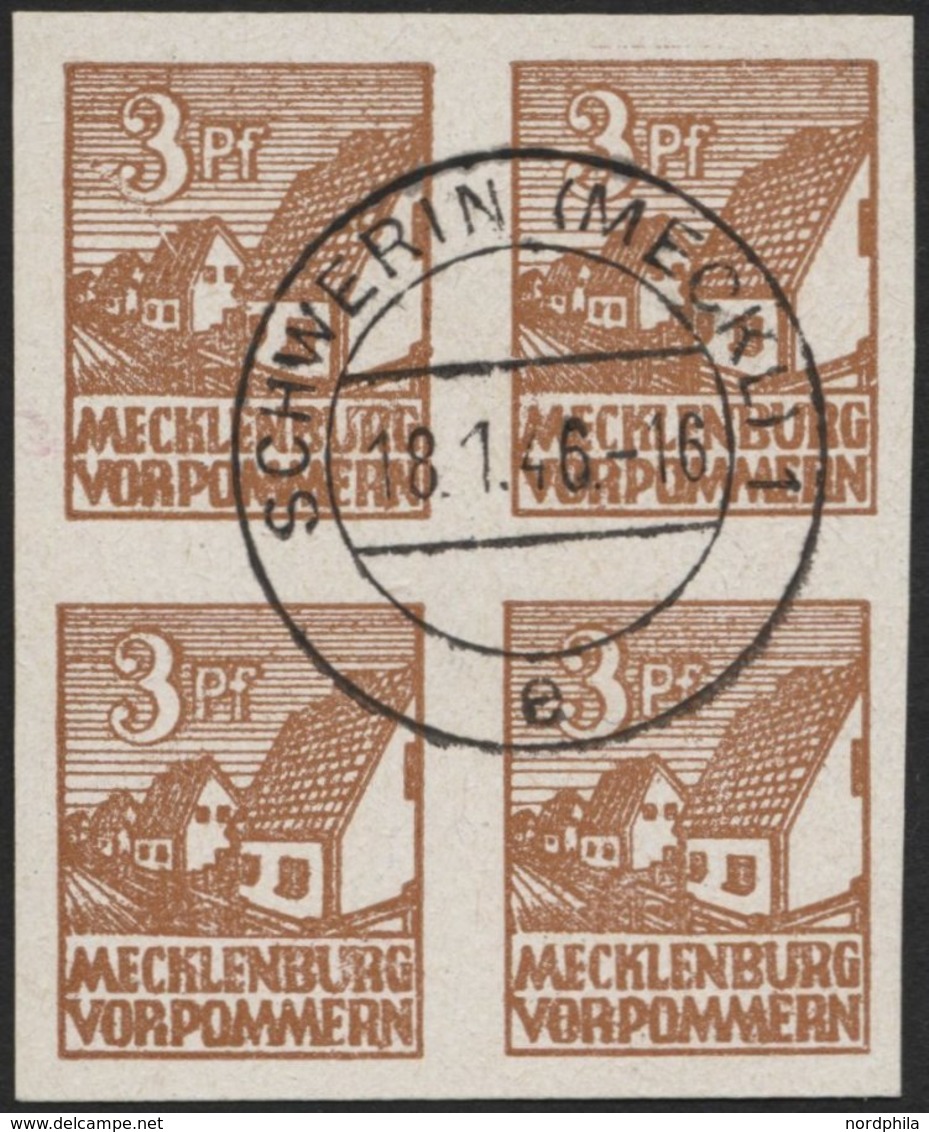 MECKLENBURG-VORPOMMERN 29xa VB O, 1946, 3 Pf. Lebhaftorangebraun, Kreidepapier, Im Zentrisch Gestempelten Viererblock, P - Otros & Sin Clasificación