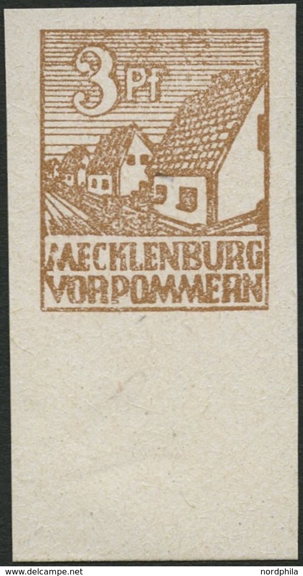 MECKLENBURG-VORPOMMERN 29xbIII **, 1946, 3 Pf. Mattorangebraun, Kreidepapier, Unterrandstück Mit Abart M Von Mecklenburg - Sonstige & Ohne Zuordnung