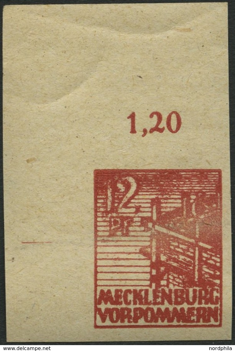 MECKLENBURG-VORPOMMERN 36ydU **, 1946, 12 Pf. Braunrot, Graues Papier, Ungezähnt, Obere Linke Bogenecke, Leichte Bildsei - Otros & Sin Clasificación