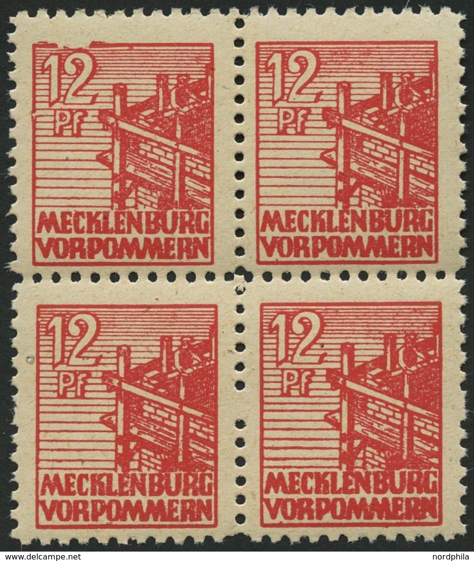 MECKLENBURG-VORPOMMERN 36zb VB **, 1946, 12 Pf. Rot, Dünnes Papier, Im Viererblock, Dabei Plattenfehler 36I, Pracht, Gep - Otros & Sin Clasificación