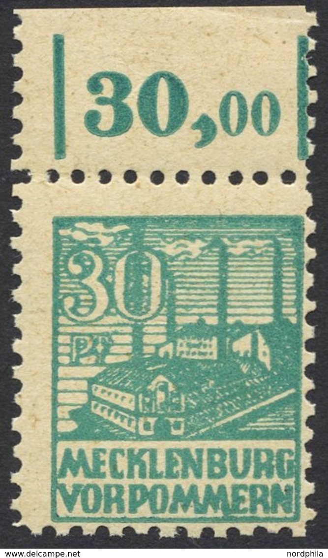 MECKLENBURG-VORPOMMERN 39zb **, 1946, 30 Pf. Dunkelopalgrün, Dünnes Papier, Oberrandstück, Pracht, Fotoattest Kramp, Mi. - Otros & Sin Clasificación