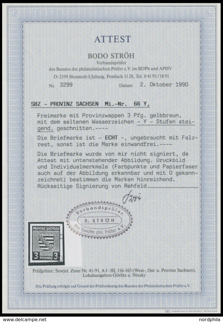 PROVINZ SACHSEN 67Y *, 1945, 3 Pf. Orangebraun, Wz. 1Y, Falzrest, Pracht, Gepr. Rehfeld Und Fotoattest Ströh, Mi. 2500.- - Otros & Sin Clasificación